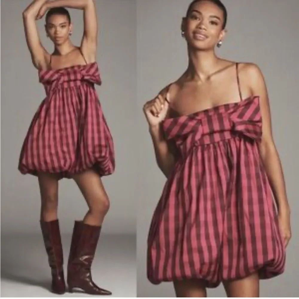 Anthro Maeve bow bubble fit flare dress Pink/Burgundy Plaid